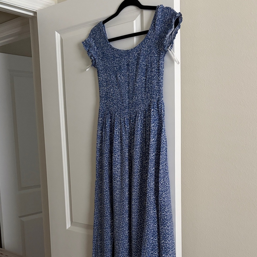 Blue Floral Smocked Off Shoulders Maxi Dress - Women